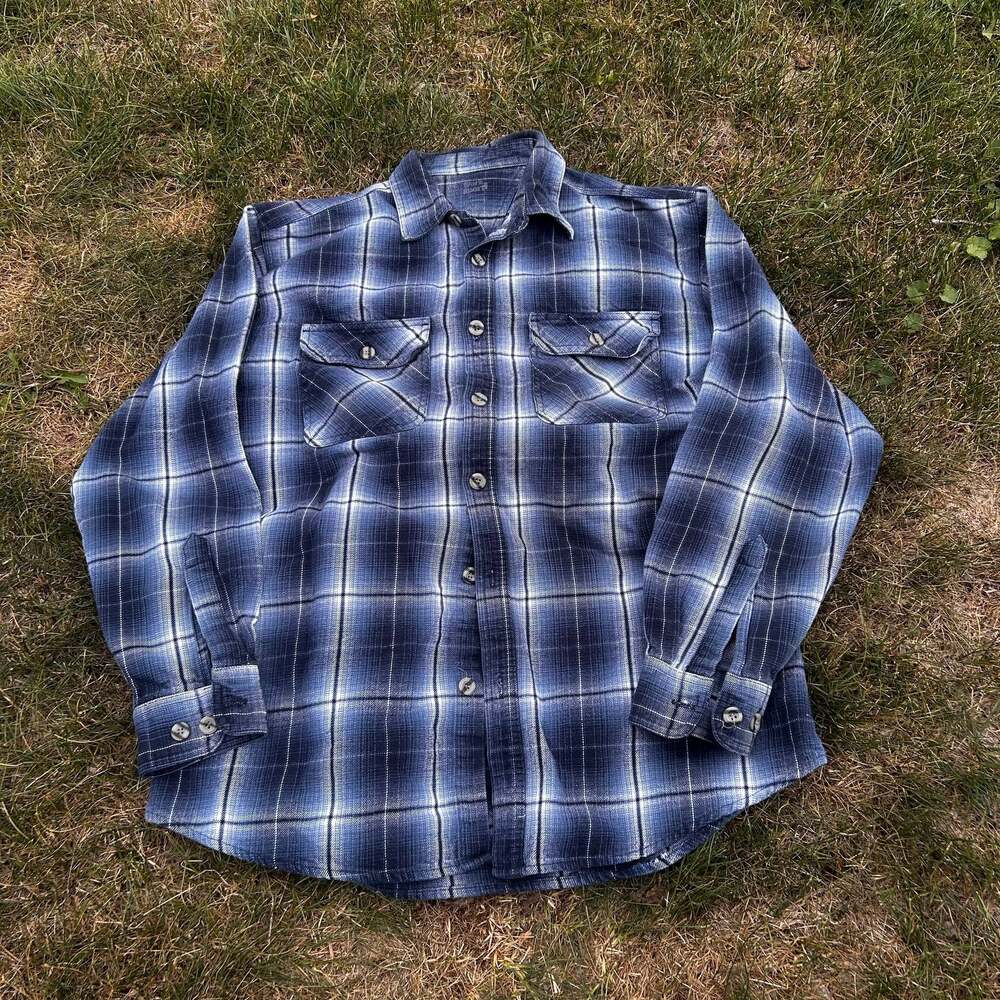 Work Sport Men's Blue Plaid Long Sleeve Button-Down Flannel Shirt